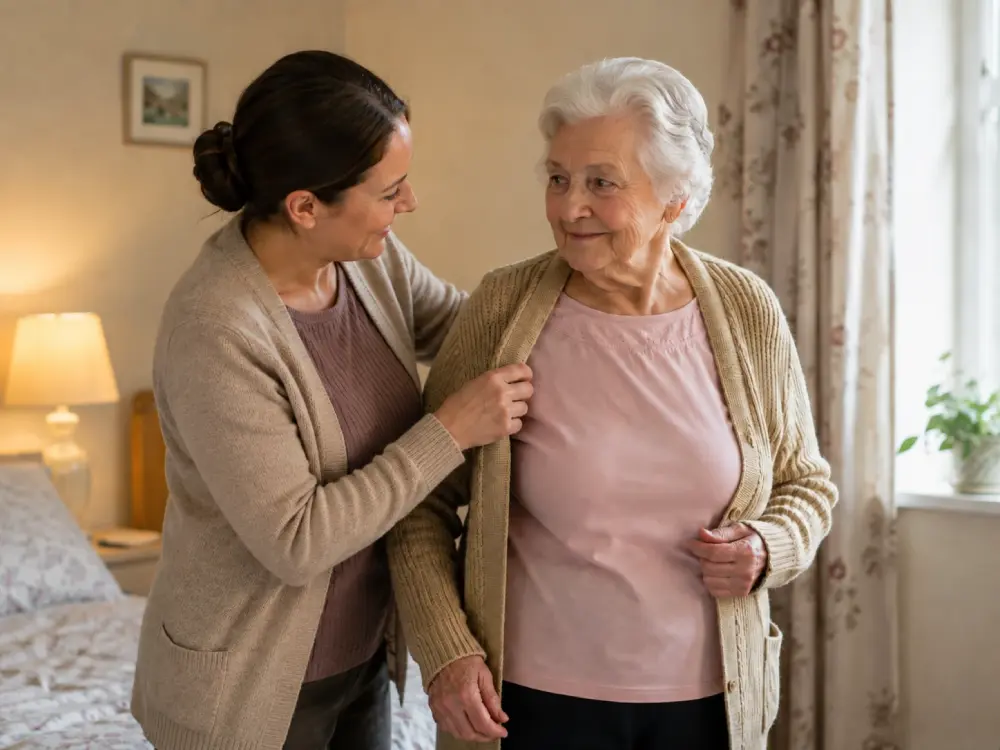 Care worker providing calm everyday assistance