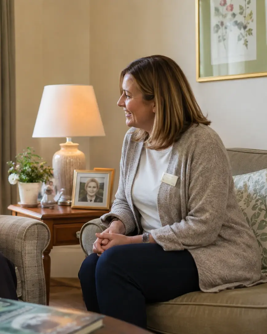 Older person and care worker talking in a quiet sitting room