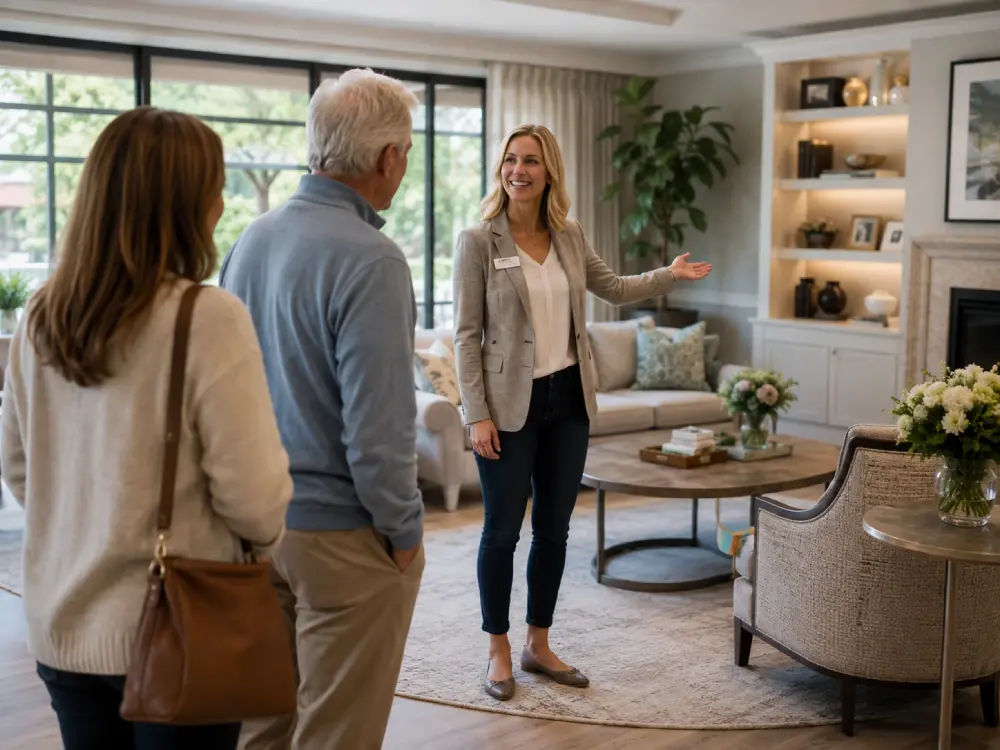 Family viewing a comfortable residential care lounge