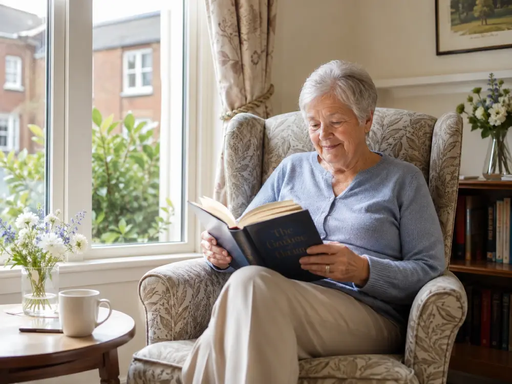 Older person reading comfortably by a window