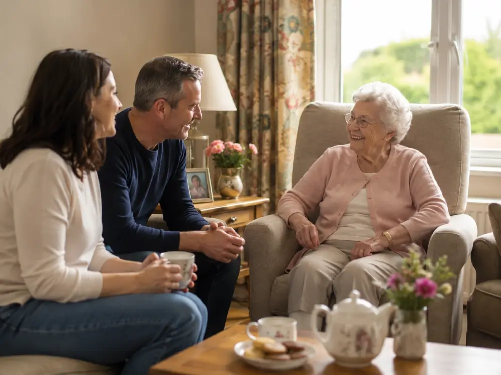 Family visiting an older relative in a comfortable lounge