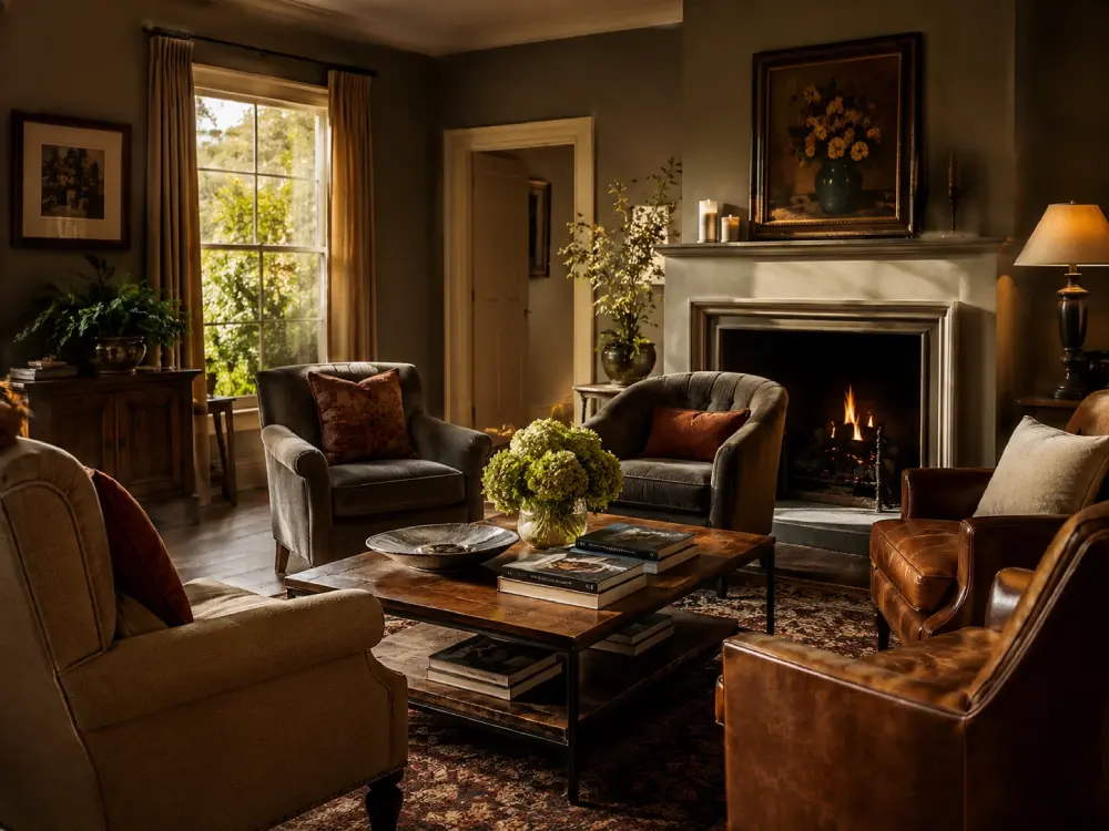 Warm residential lounge with comfortable seating